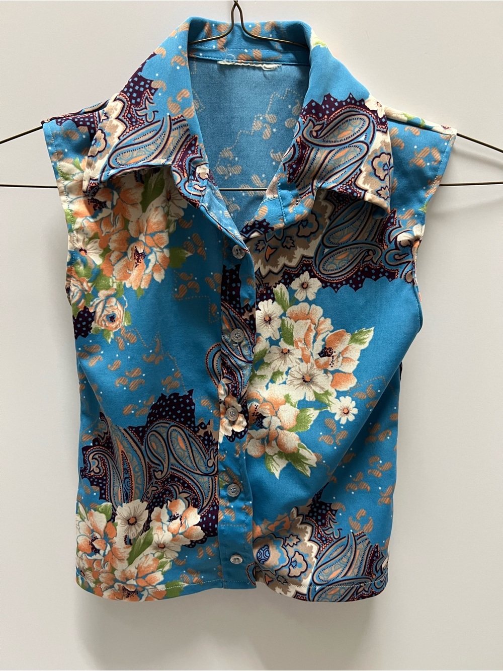 Sleeveless Blue Floral Paisley Button-Up Top